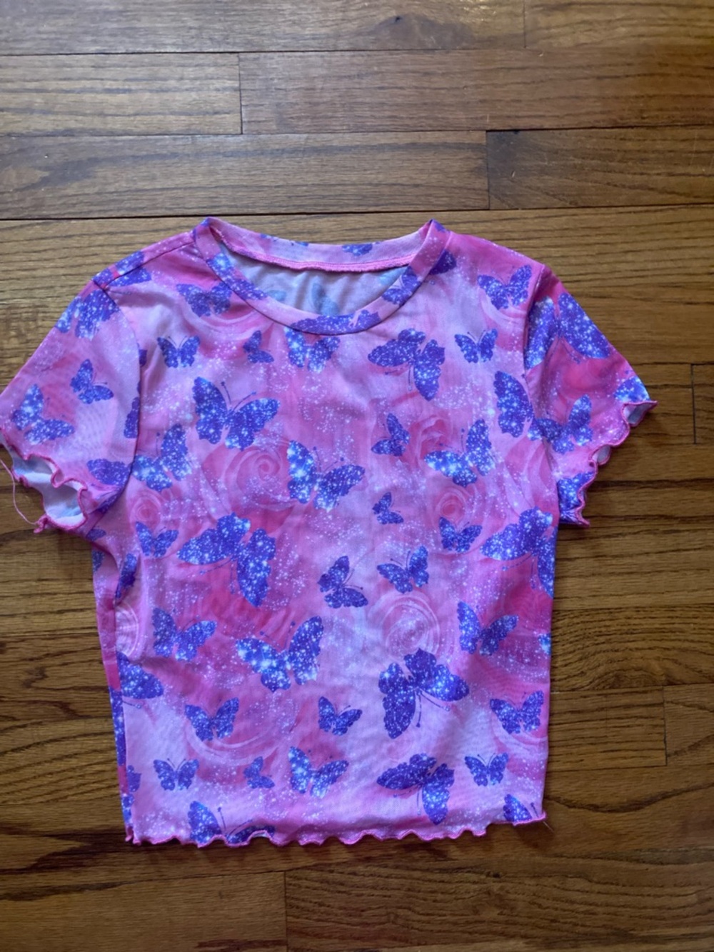 SHEIN Pink Tee with Purple Butterfly Print